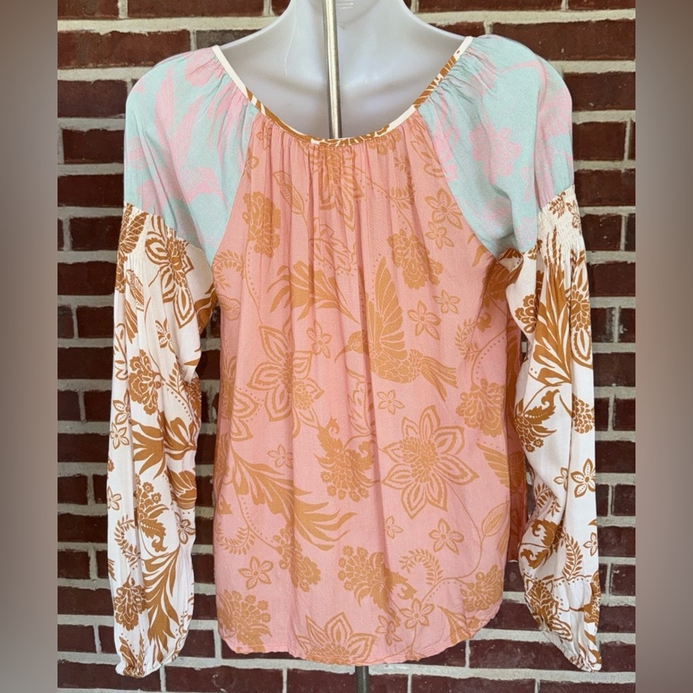 JOHNNY WAS Top Sz S Peasant Blouse Waimea Mixed Floral Hummingbird Boho Chic - Picture 7 of 13